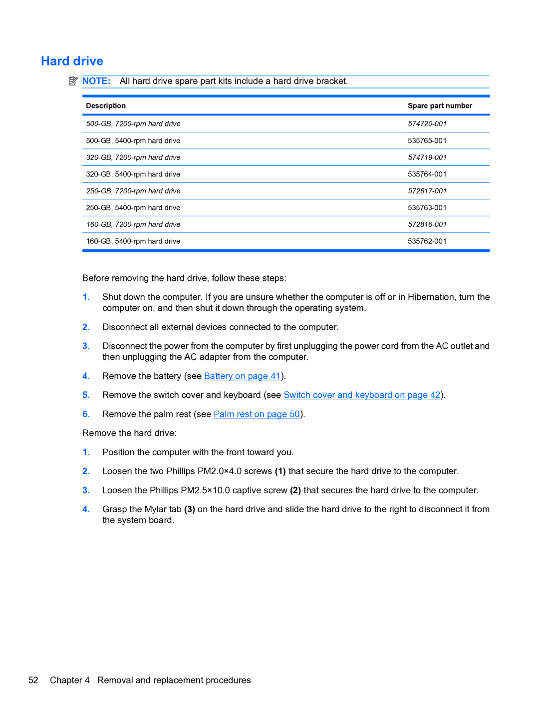 HP 4710S manual Hard drive 