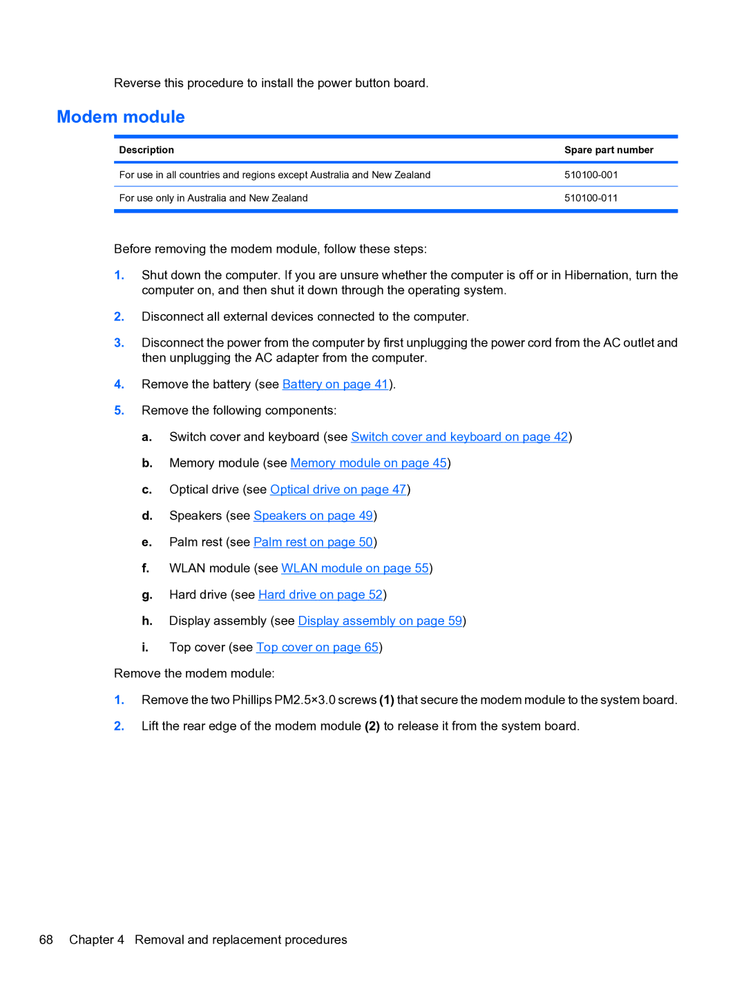 HP 4710S manual Modem module, Description Spare part number 