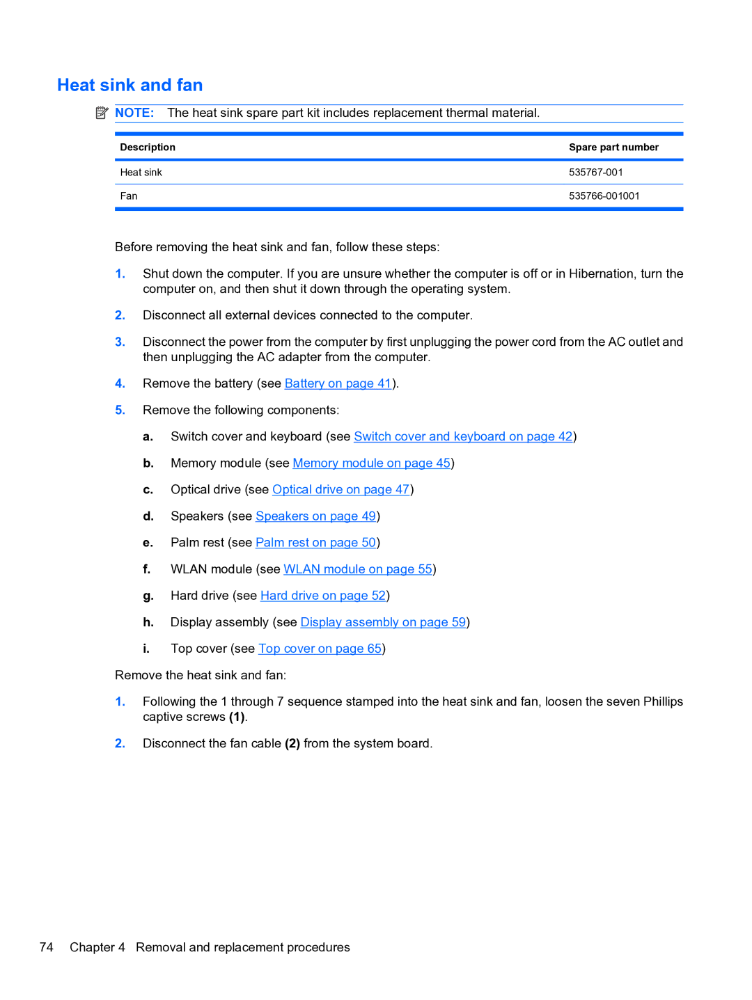 HP 4710S manual Heat sink and fan, Description Spare part number 