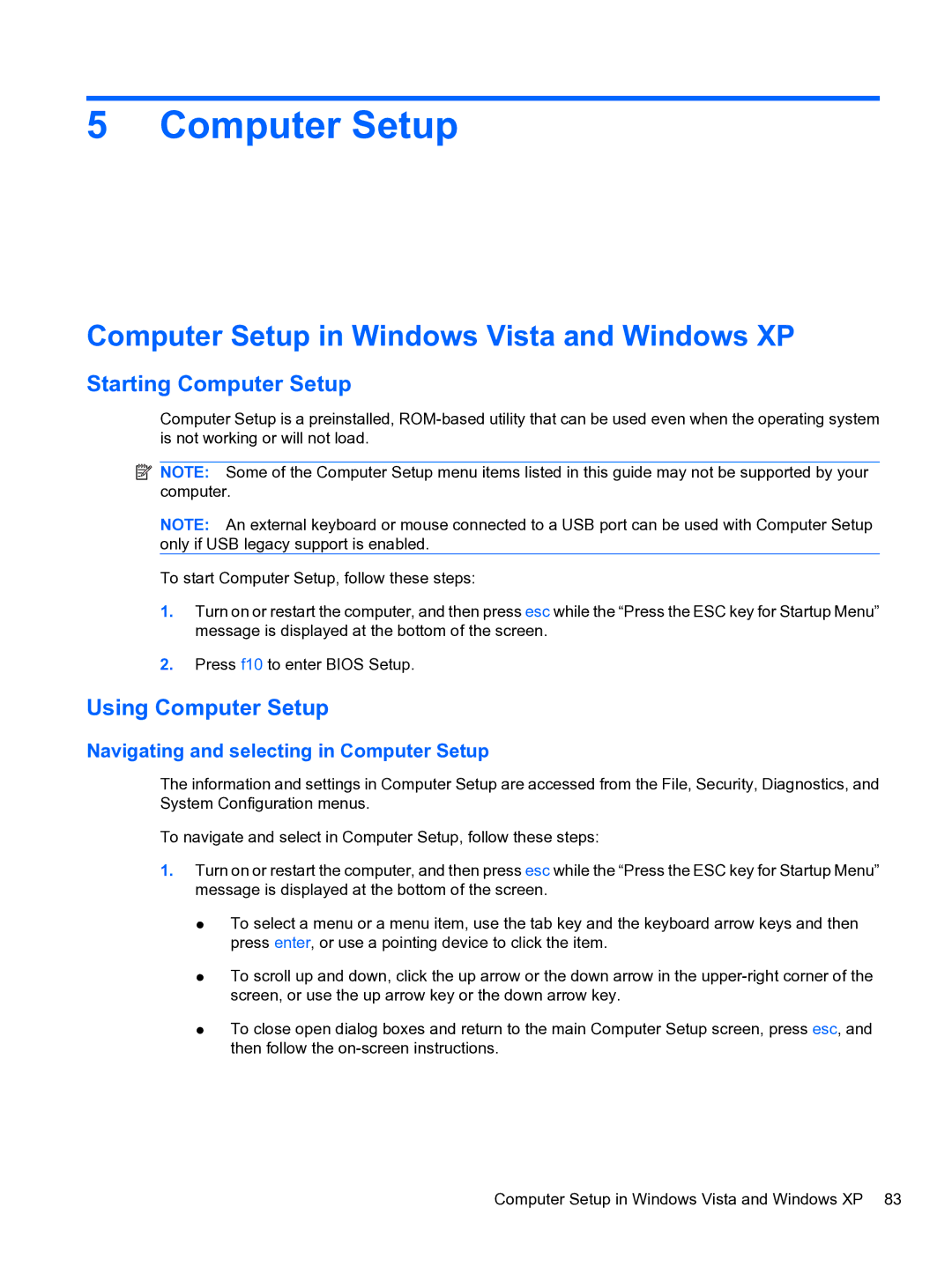 HP 4710S manual Computer Setup in Windows Vista and Windows XP, Starting Computer Setup, Using Computer Setup 