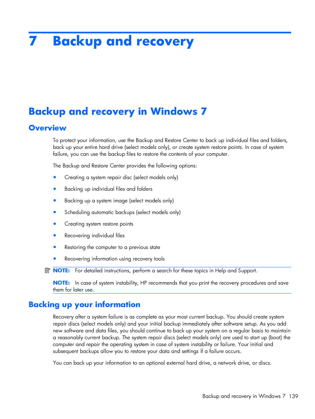 HP 4520S, 4720S manual Backup and recovery in Windows, Overview, Backing up your information 