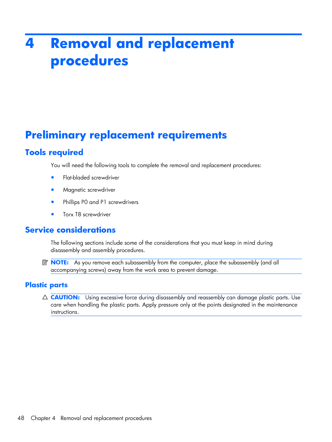 HP 4720S, 4520S manual Preliminary replacement requirements, Tools required, Service considerations 