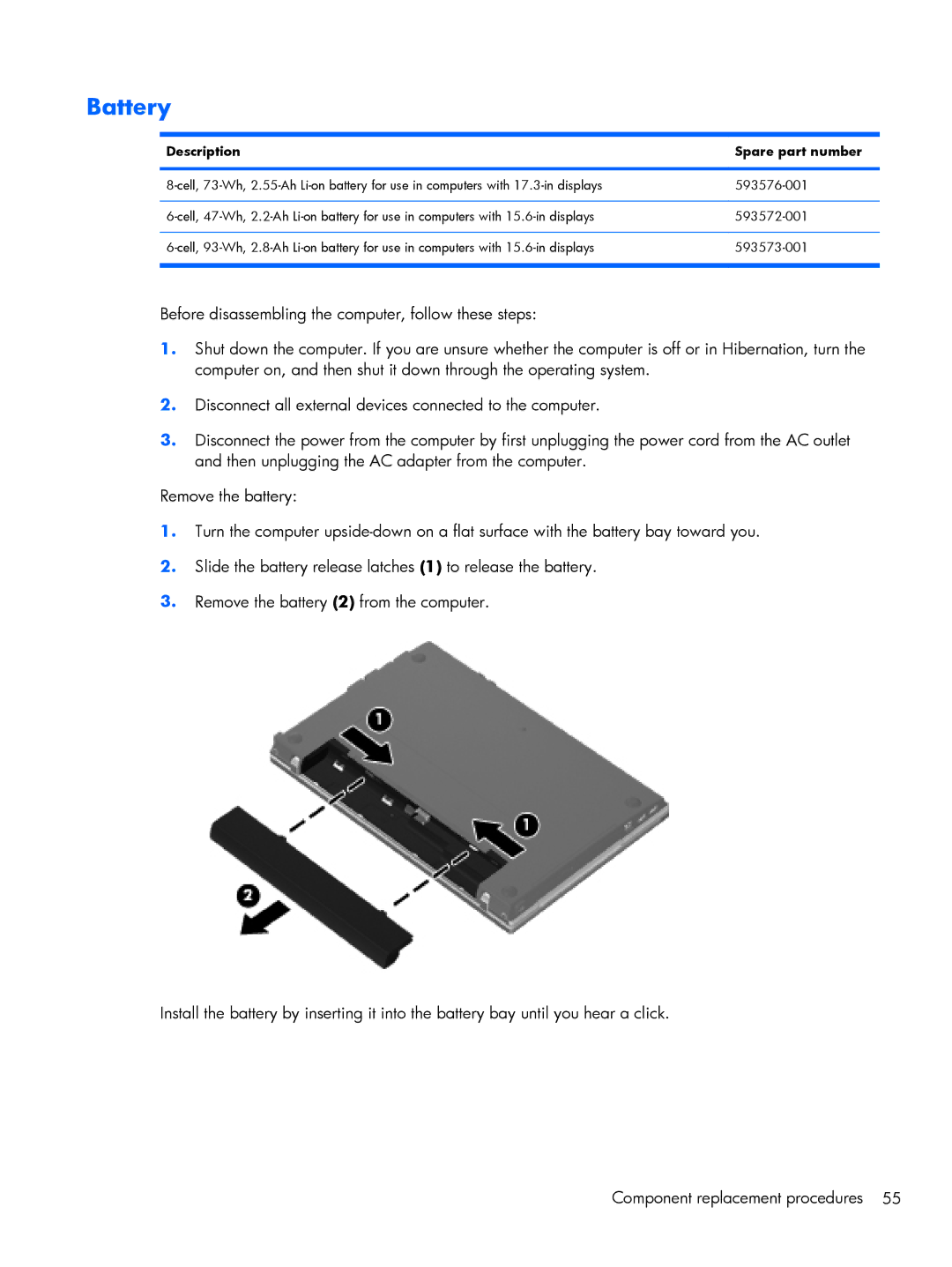 HP 4520S, 4720S manual Battery, Description Spare part number 