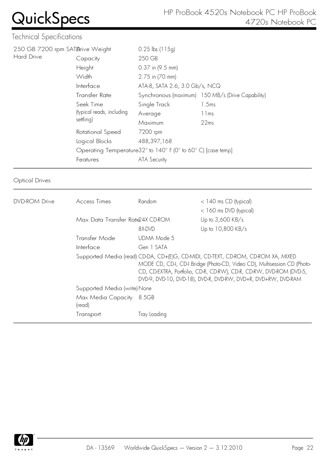 HP 4720S manual 8X-DVD, Transfer Mode Udma Mode Interface Gen 1 Sata 