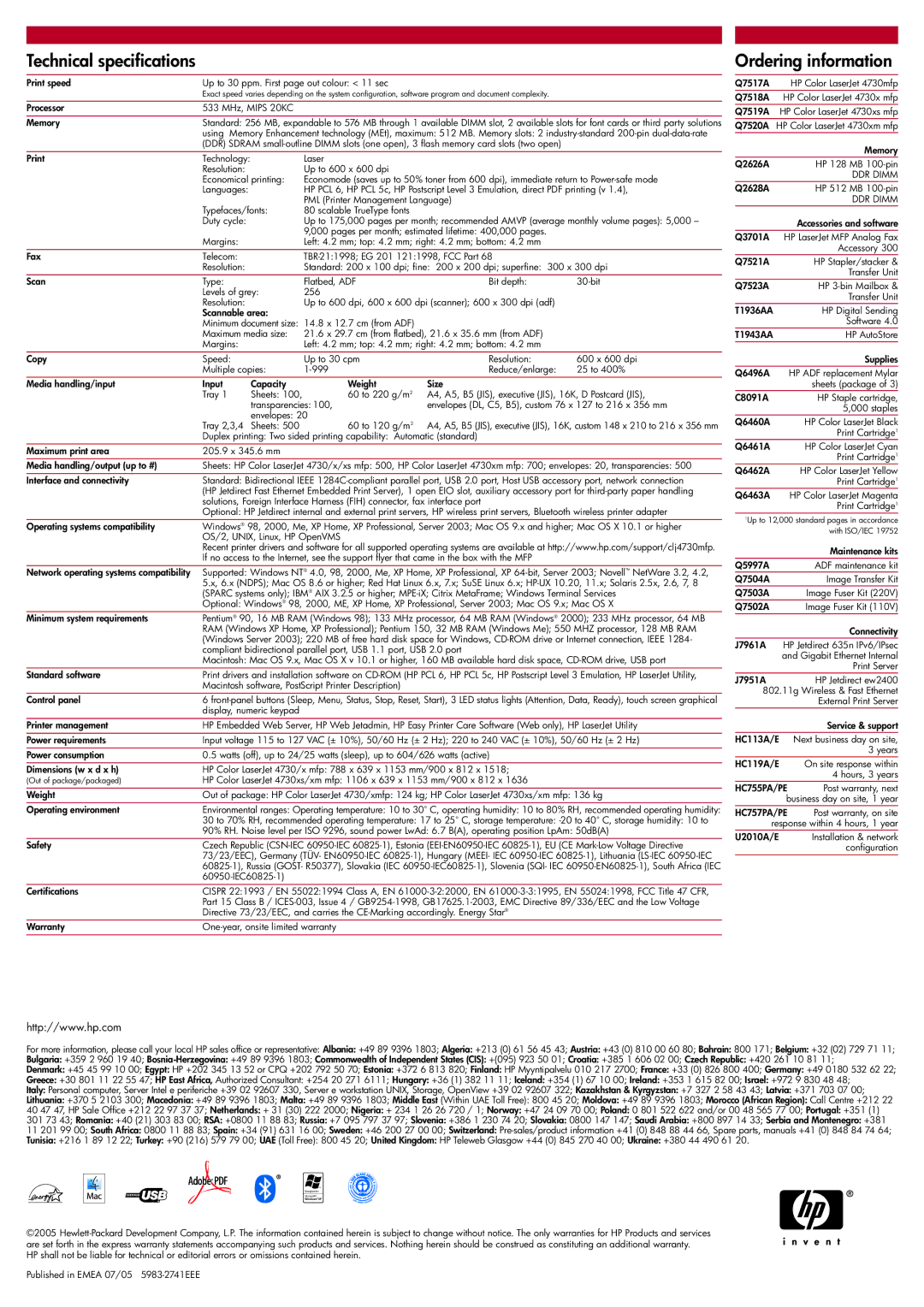 HP 4730mfp manual Technical specifications, Ordering information 