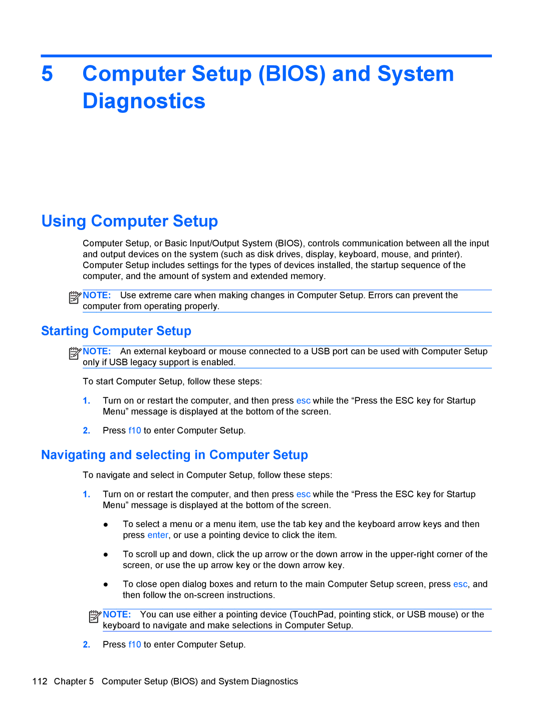 HP 4730S, 4530S manual Using Computer Setup, Starting Computer Setup, Navigating and selecting in Computer Setup 