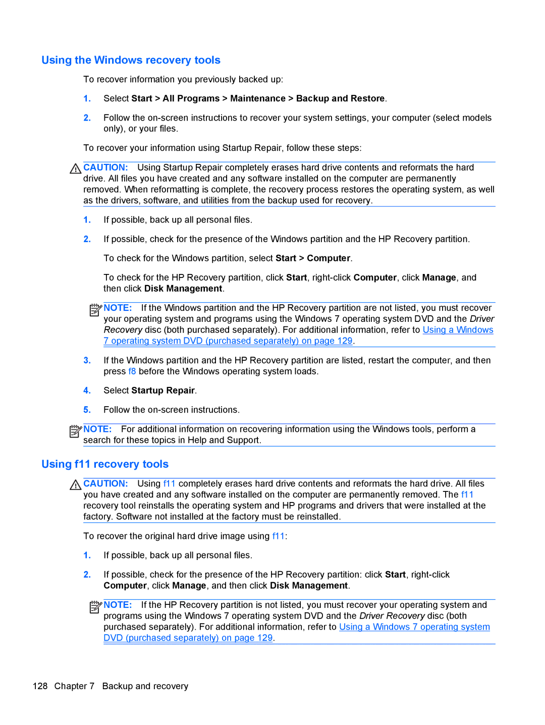 HP 4730S, 4530S manual Using the Windows recovery tools 