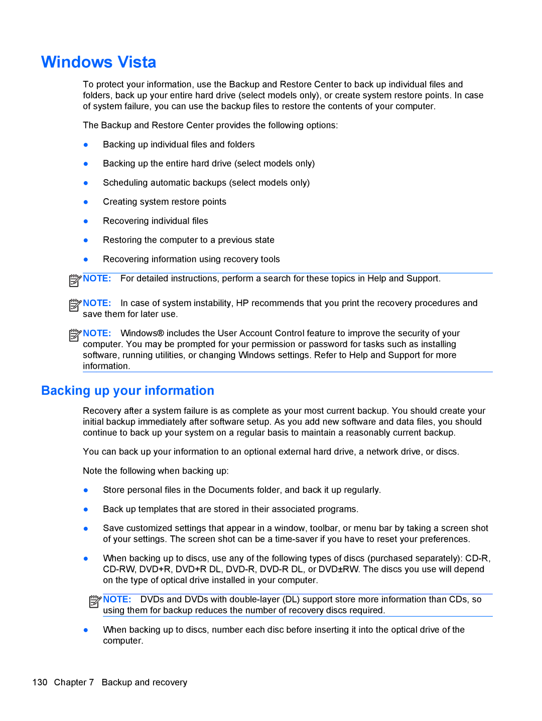 HP 4730S, 4530S manual Windows Vista, Backing up your information 