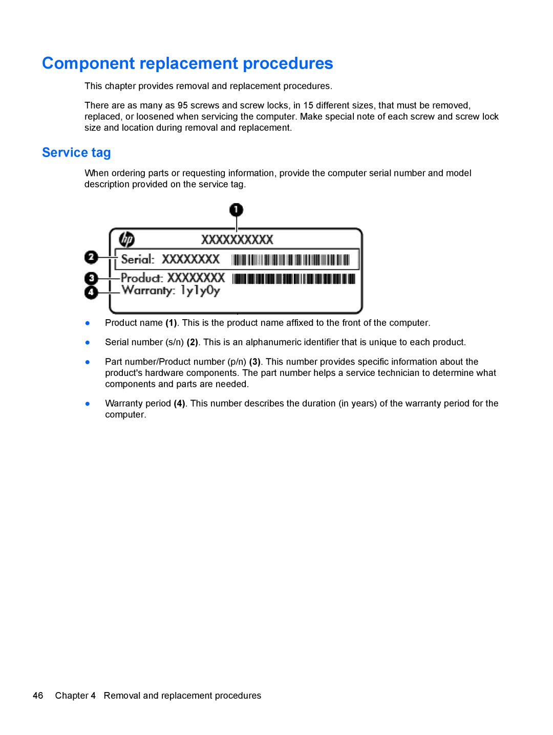 HP 4730S, 4530S manual Component replacement procedures, Service tag 