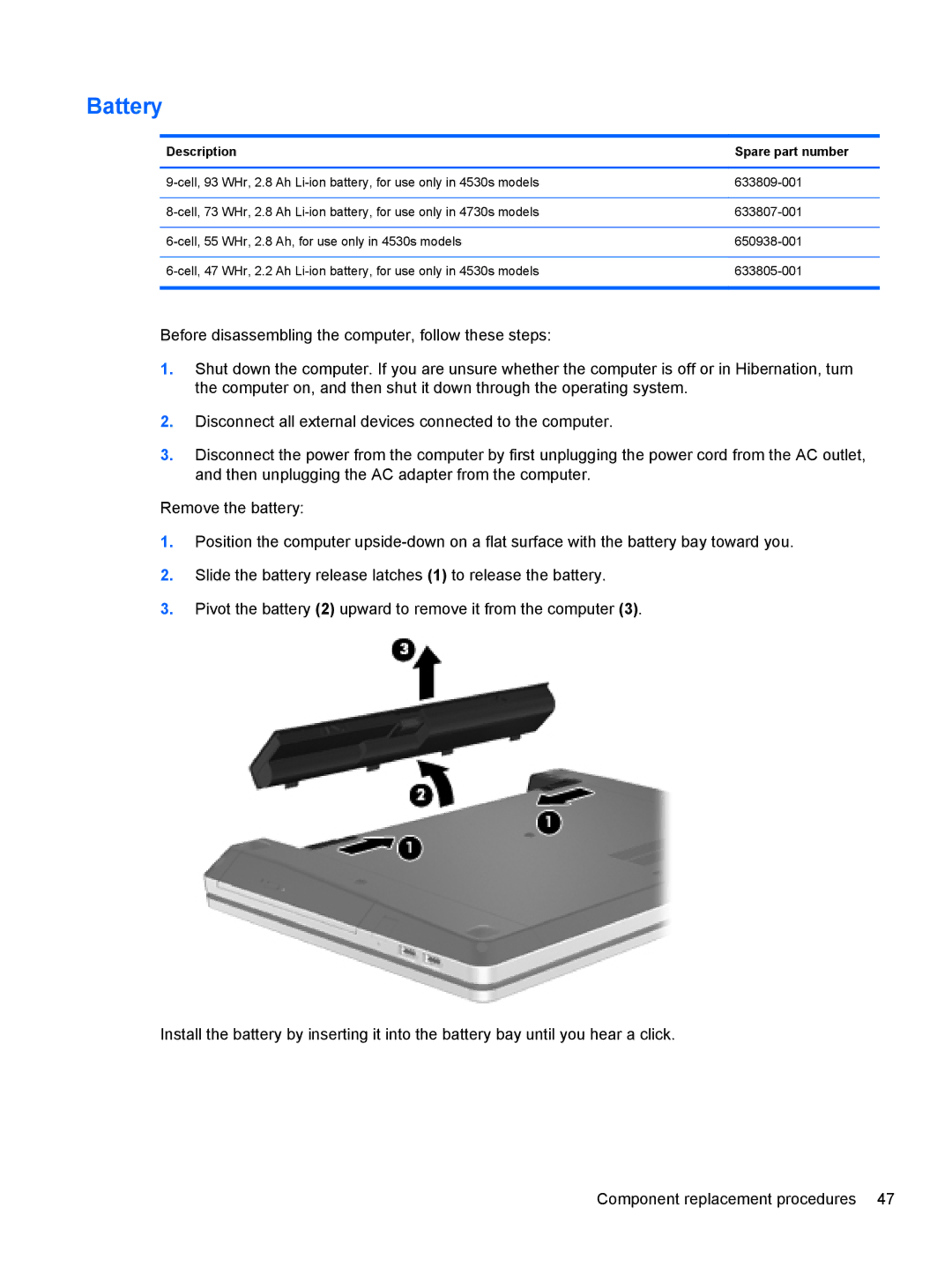 HP 4530S, 4730S manual Battery, Description Spare part number 