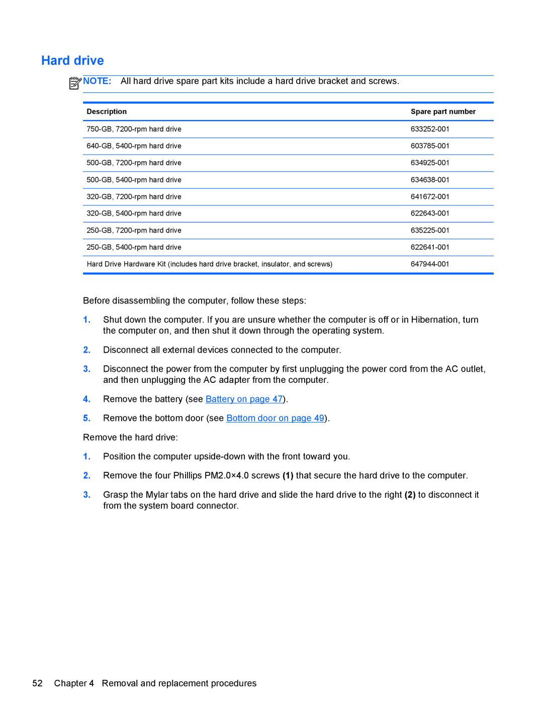 HP 4730S, 4530S manual Hard drive, Description Spare part number 