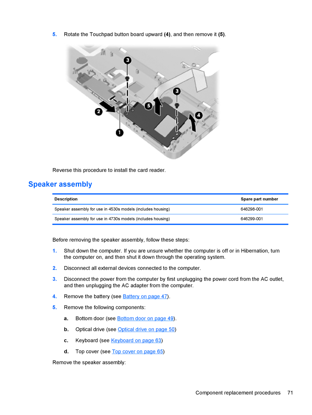 HP 4530S, 4730S manual Speaker assembly 