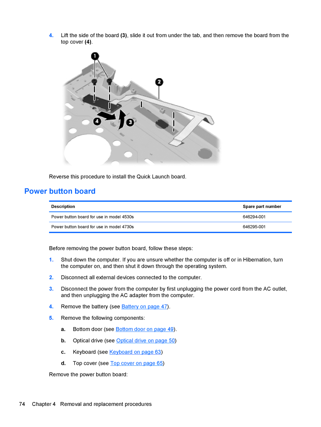 HP 4730S, 4530S manual Power button board 