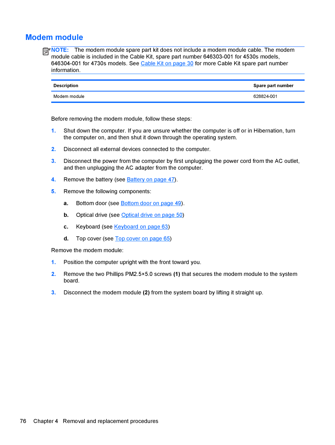 HP 4730S, 4530S manual Description Spare part number Modem module 628824-001 