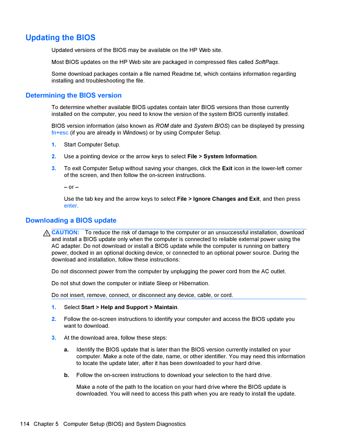 HP 4730s LJ525UT#ABA manual Updating the Bios, Determining the Bios version 