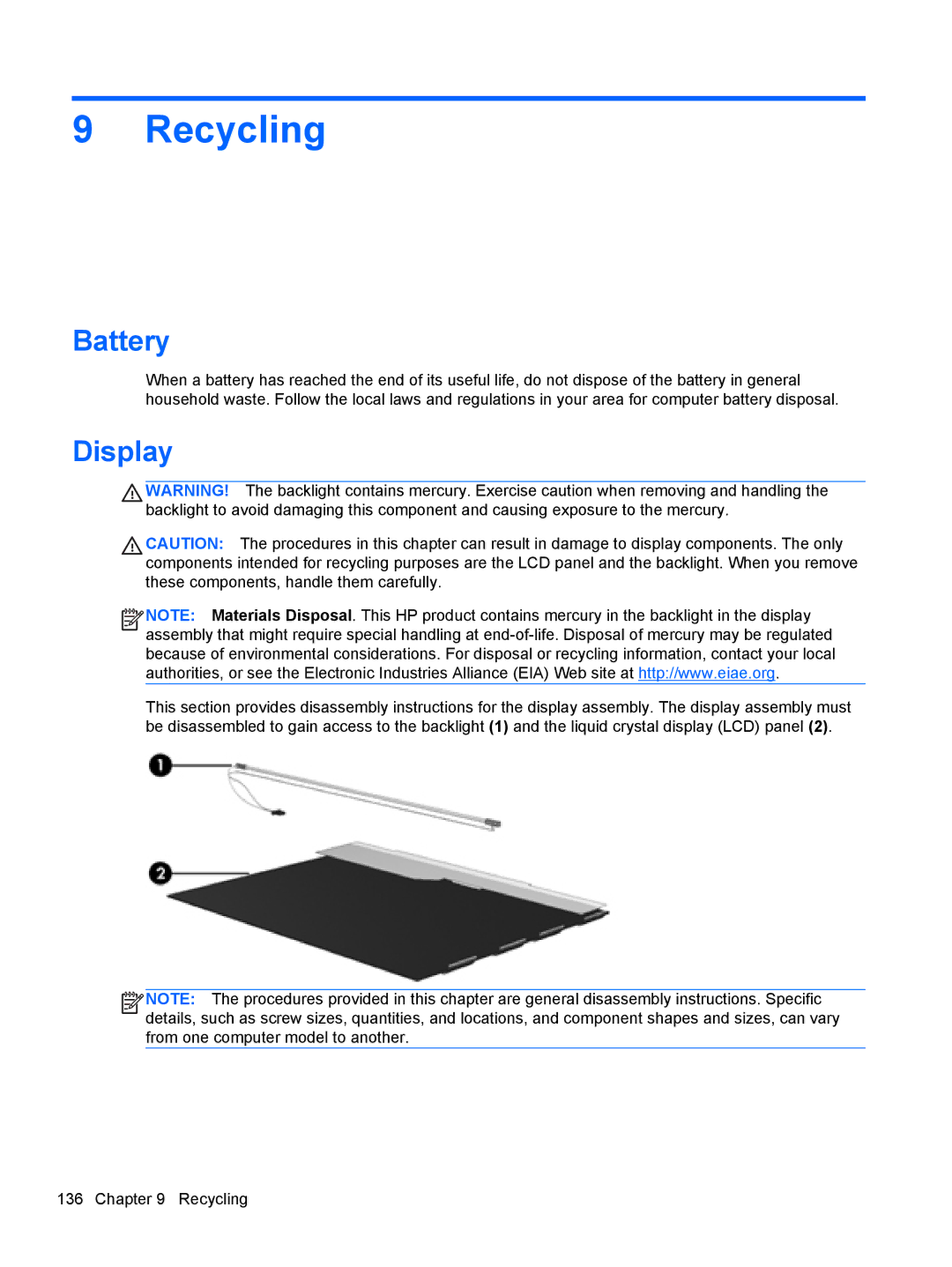 HP 4730s LJ525UT#ABA manual Recycling, Battery 