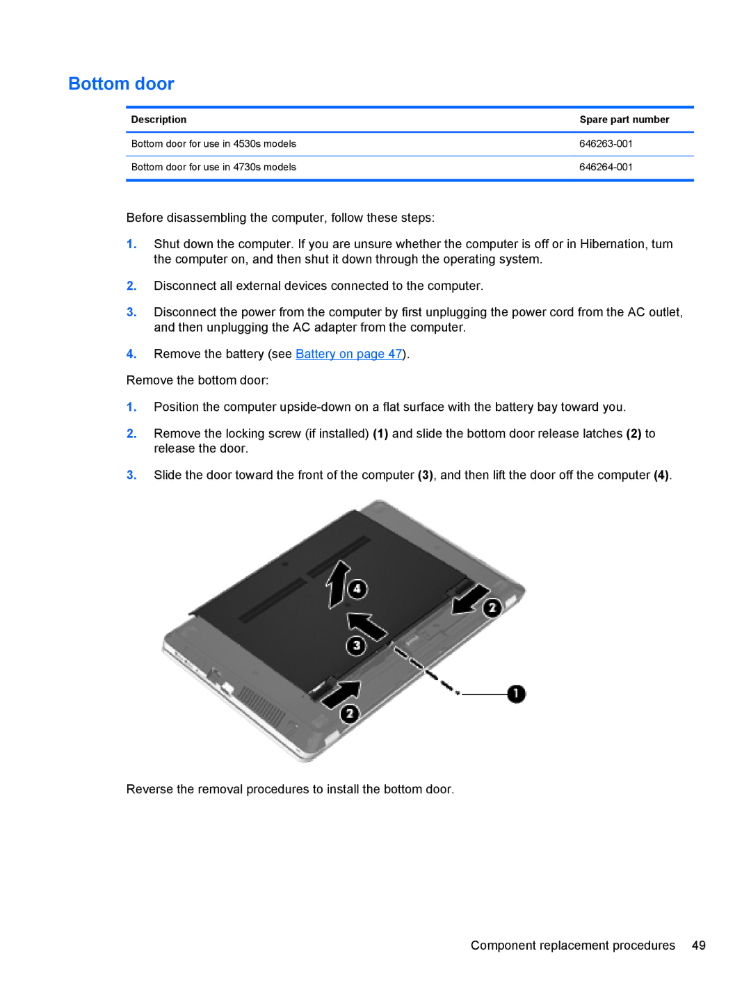 HP 4730s LJ525UT#ABA manual Bottom door 