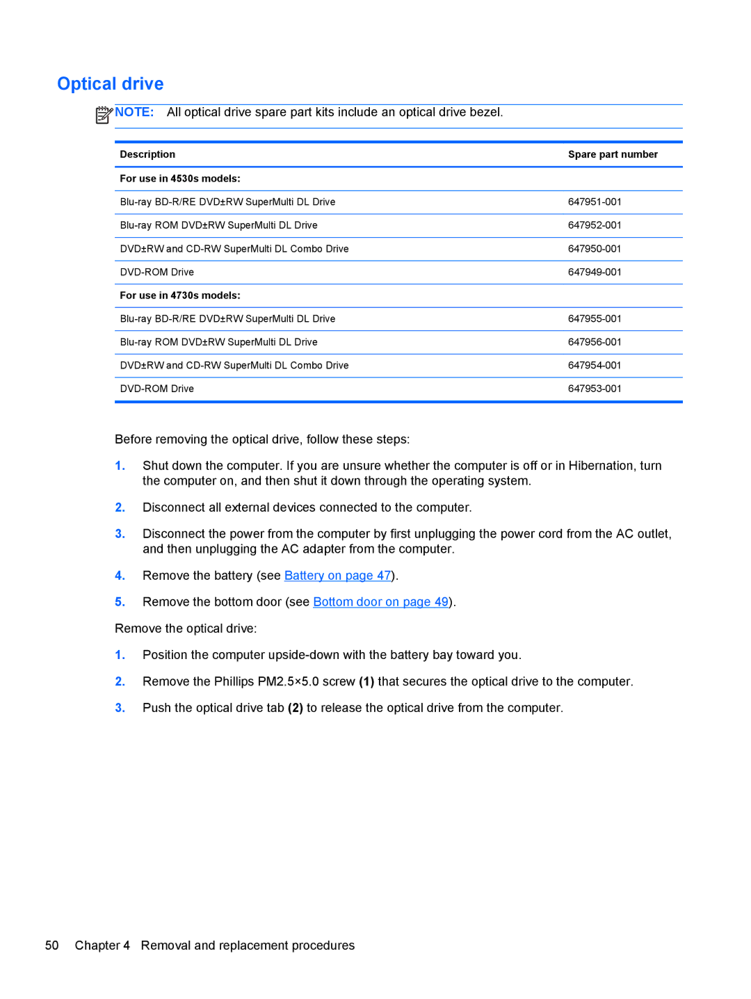 HP 4730s LJ525UT#ABA manual Optical drive, Description Spare part number For use in 4530s models, For use in 4730s models 