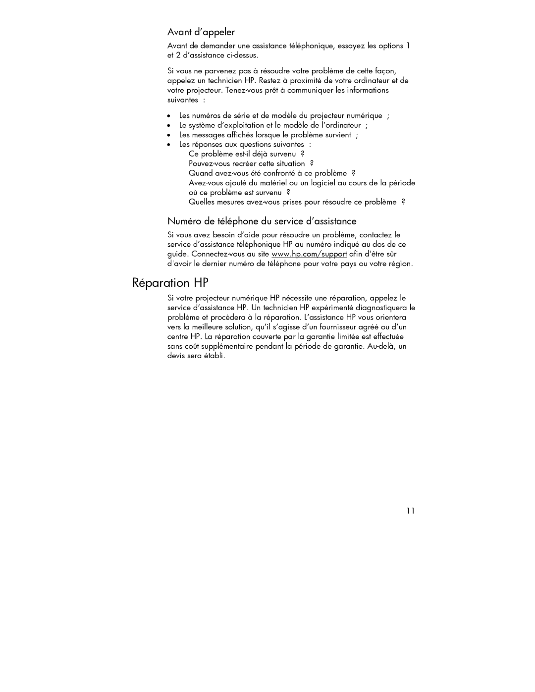 HP 4752 manual Réparation HP, Avant d’appeler, Numéro de téléphone du service d’assistance 