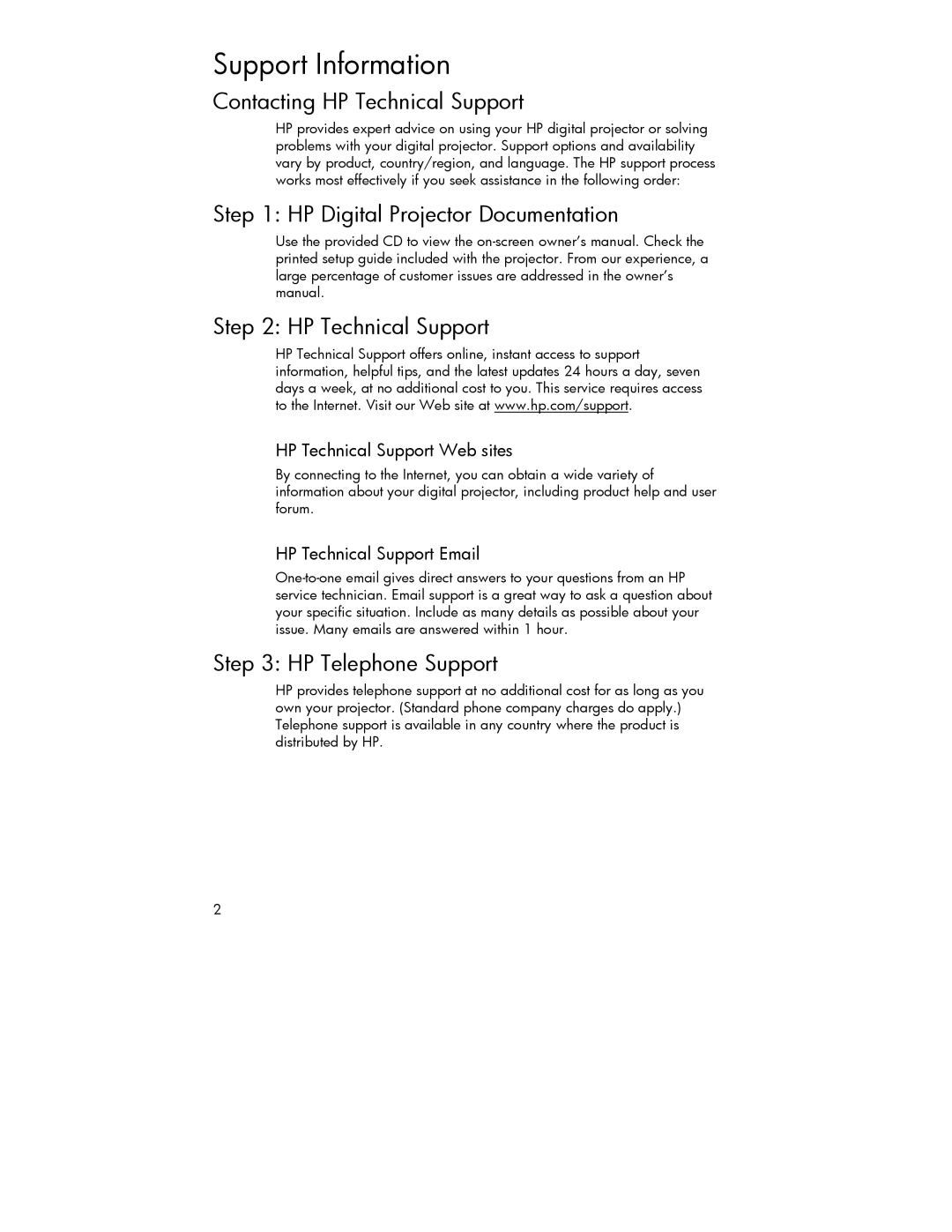 HP 4752 Support Information, Contacting HP Technical Support, HP Digital Projector Documentation HP Technical Support 