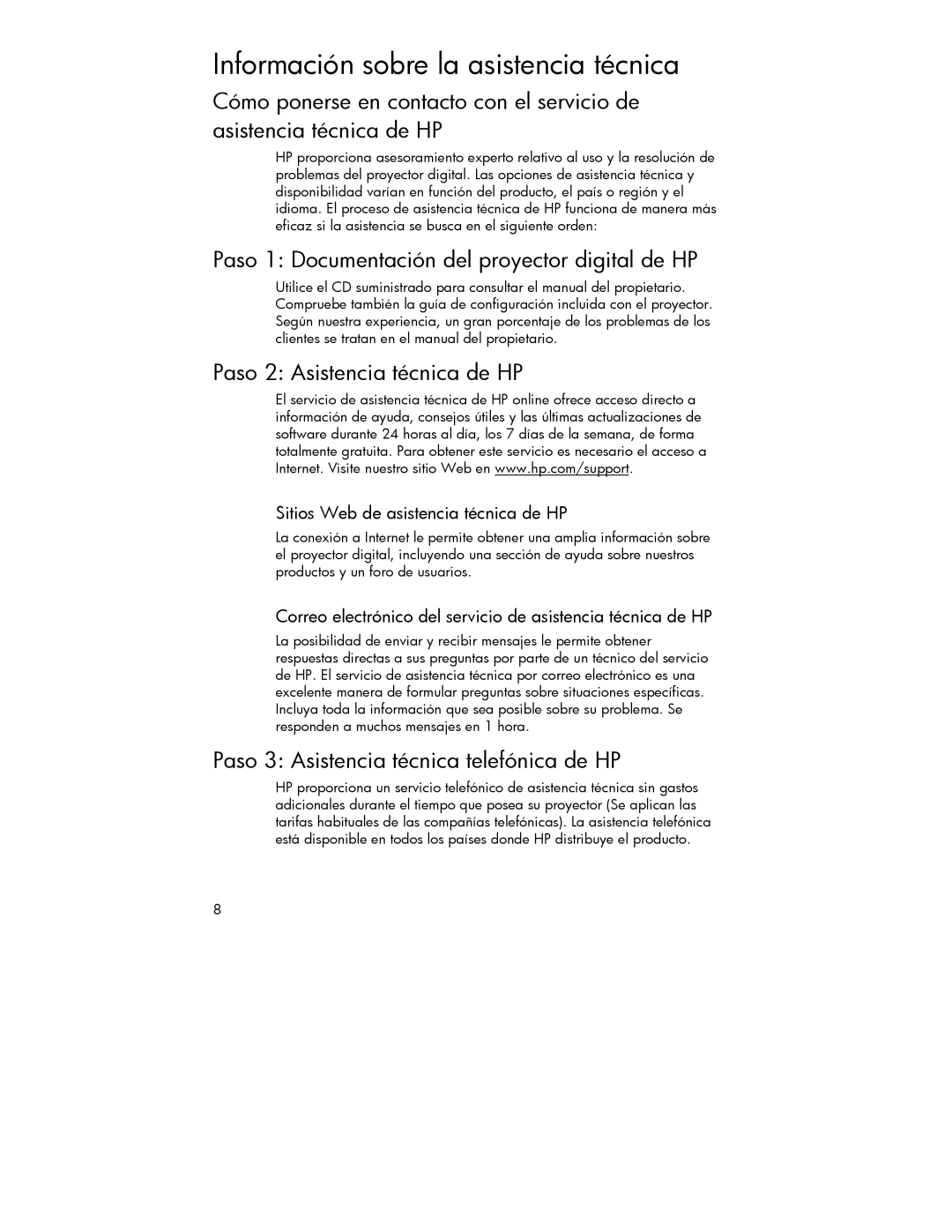 HP 4752 manual Información sobre la asistencia técnica, Paso 1 Documentación del proyector digital de HP 