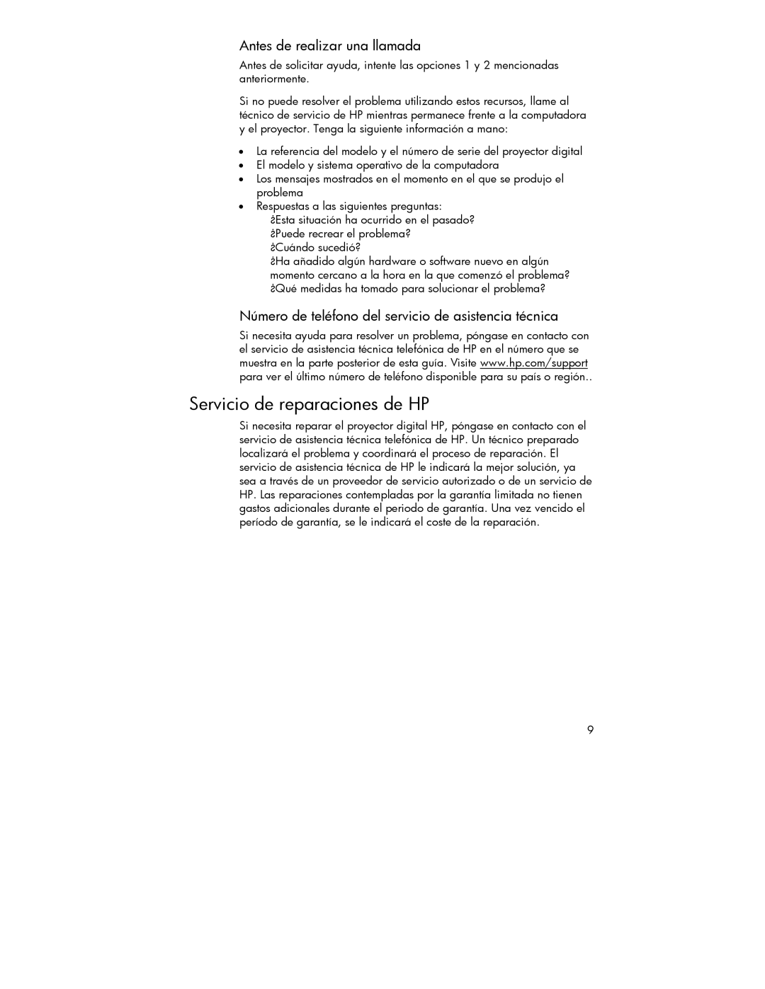 HP 4752 manual Servicio de reparaciones de HP, Antes de realizar una llamada 