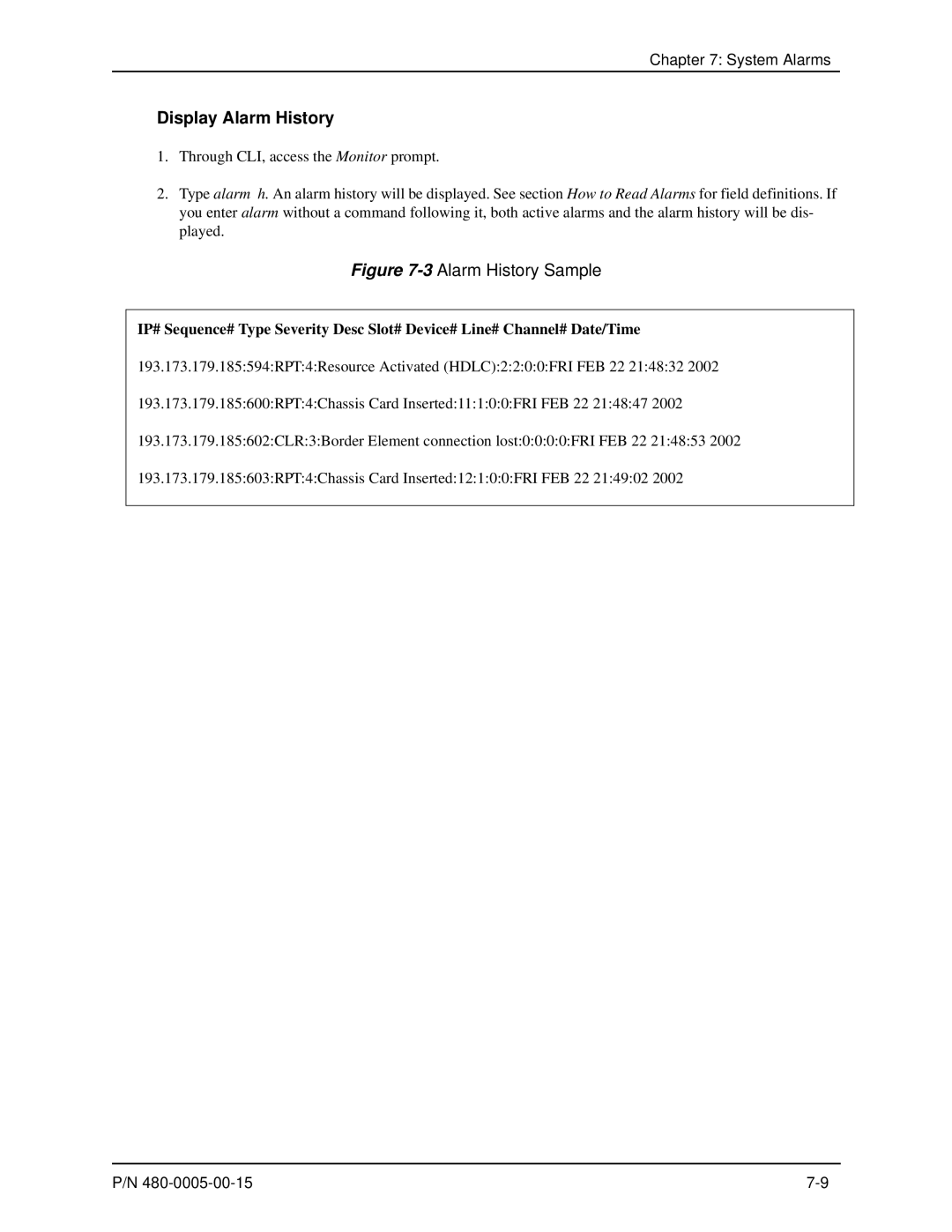 HP 480-0005-00-15 manual Display Alarm History, 3Alarm History Sample 