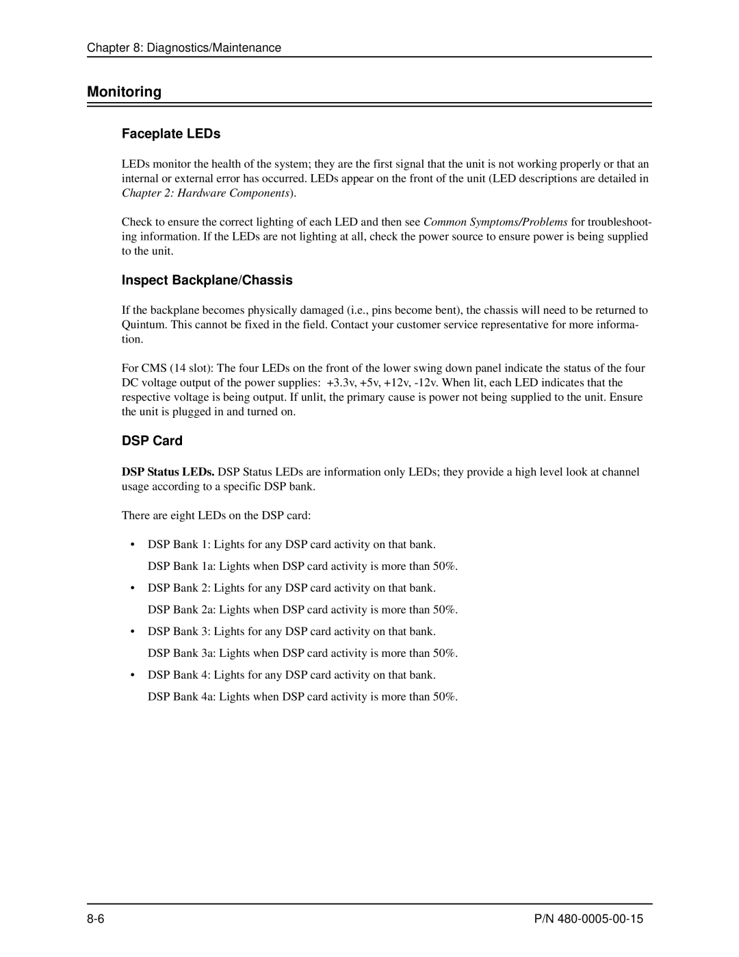 HP 480-0005-00-15 manual Monitoring, Faceplate LEDs, Inspect Backplane/Chassis, DSP Card 