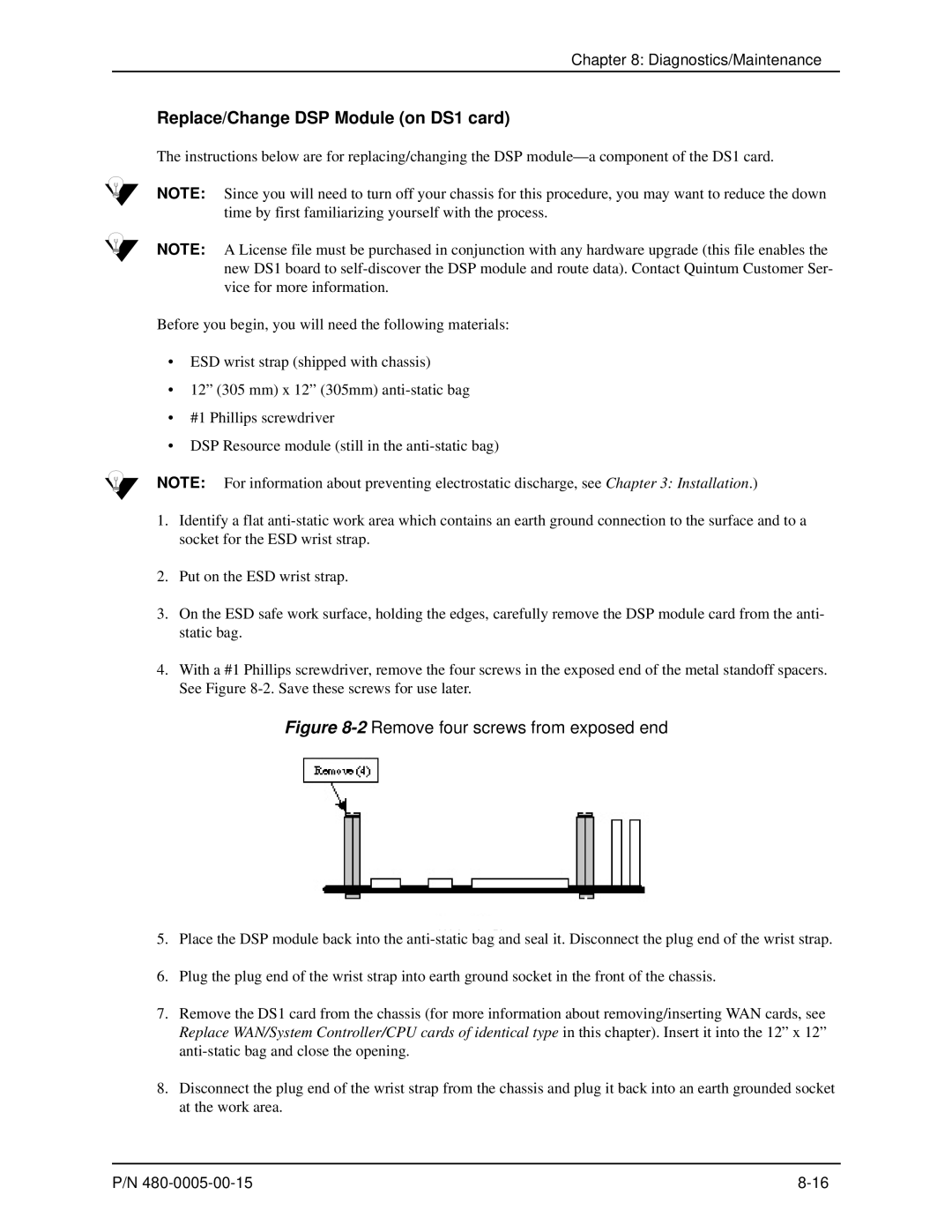 HP 480-0005-00-15 manual Replace/Change DSP Module on DS1 card, 2Remove four screws from exposed end 
