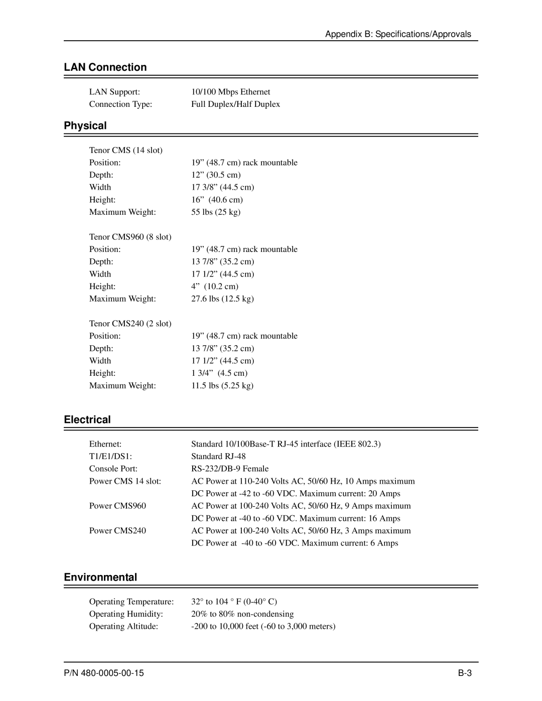 HP 480-0005-00-15 manual LAN Connection, Physical, Electrical, Environmental 