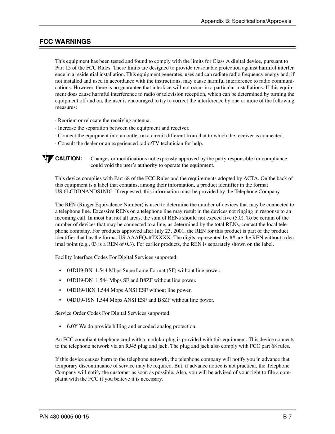 HP 480-0005-00-15 manual FCC Warnings 