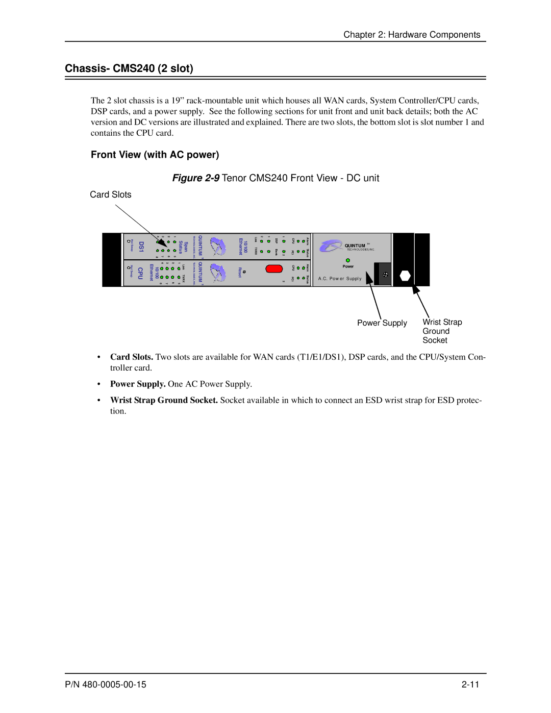 HP 480-0005-00-15 manual Chassis- CMS240 2 slot, Front View with AC power, Card Slots 