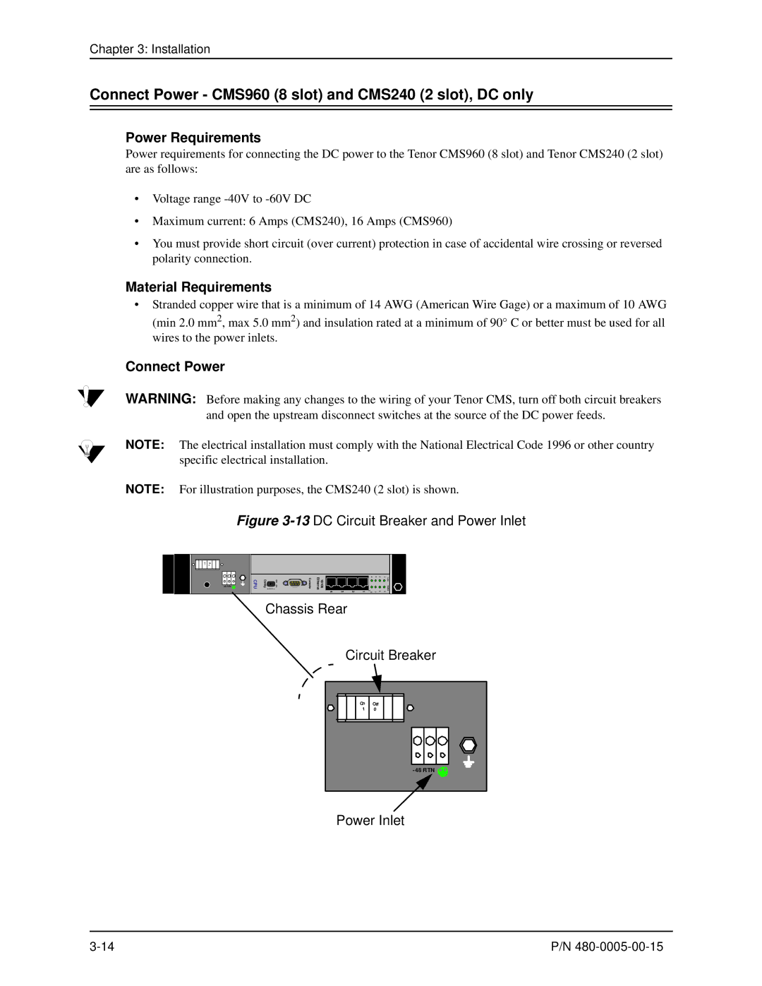 HP 480-0005-00-15 manual Connect Power CMS960 8 slot and CMS240 2 slot, DC only, Chassis Rear Circuit Breaker, Power Inlet 