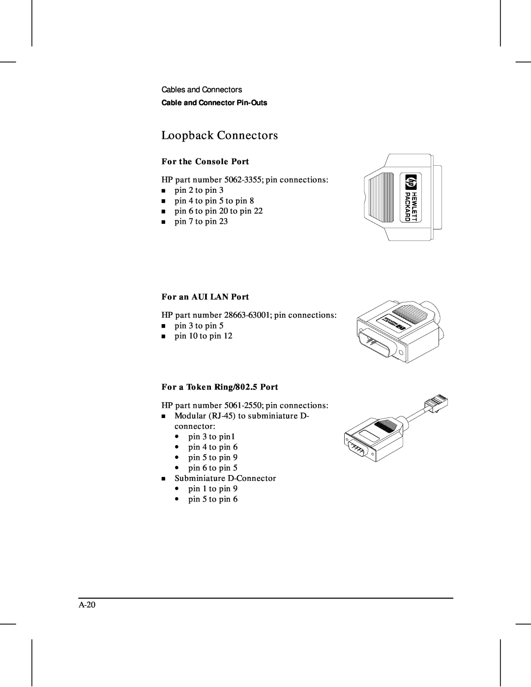 HP 480 manual Loopback Connectors, Cable and Connector Pin-Outs, For the Console Port, For an AUI LAN Port 
