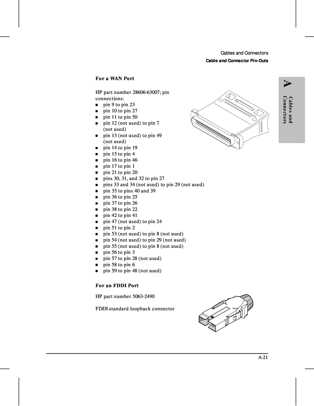 HP 480 Cable and Connector Pin-Outs, For a WAN Port, HP part number 28606-63007 pin connections pin 9 to pin pin 10 to pin 