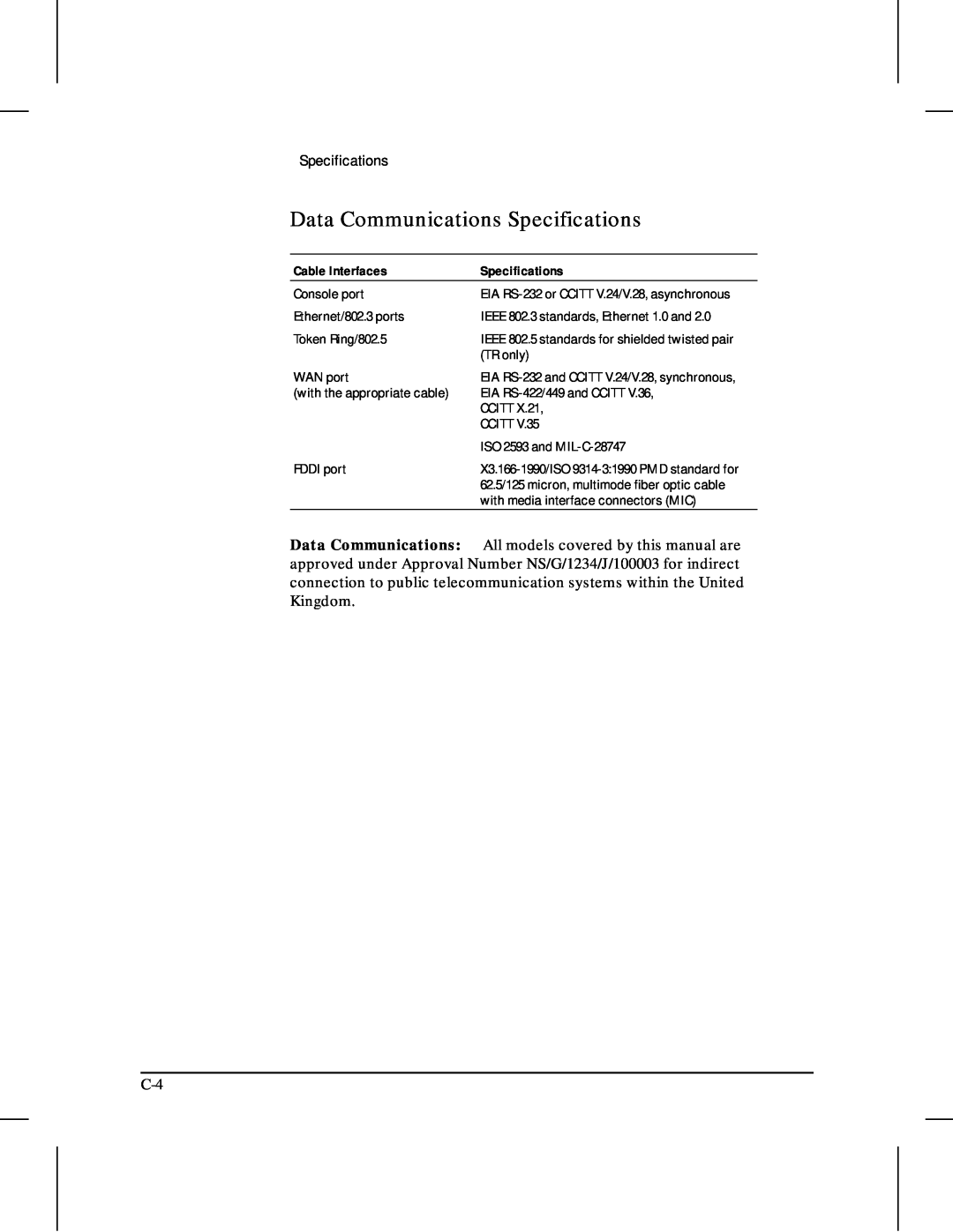 HP 480 manual Data Communications Specifications, Cable Interfaces 