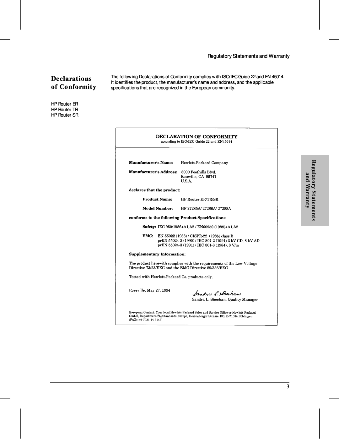 HP 480 manual Declarations of Conformity, Regulatory Statements and Warranty, HP Router ER HP Router TR HP Router SR 