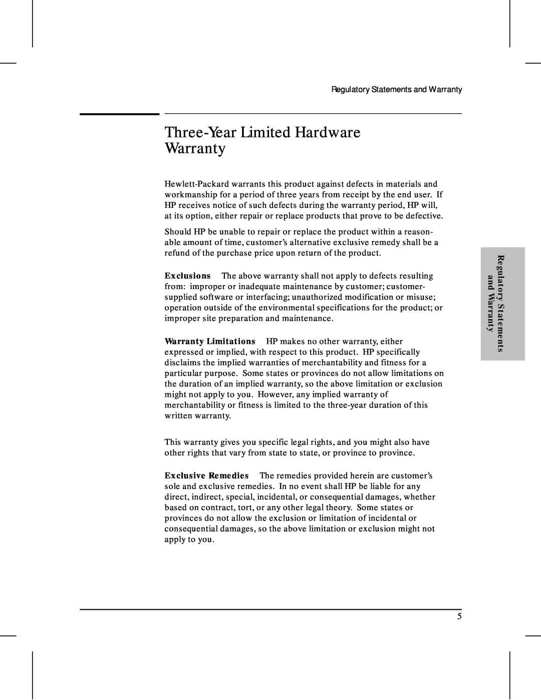 HP 480 manual Three-Year Limited Hardware Warranty, and Warranty, Regulatory Statements 