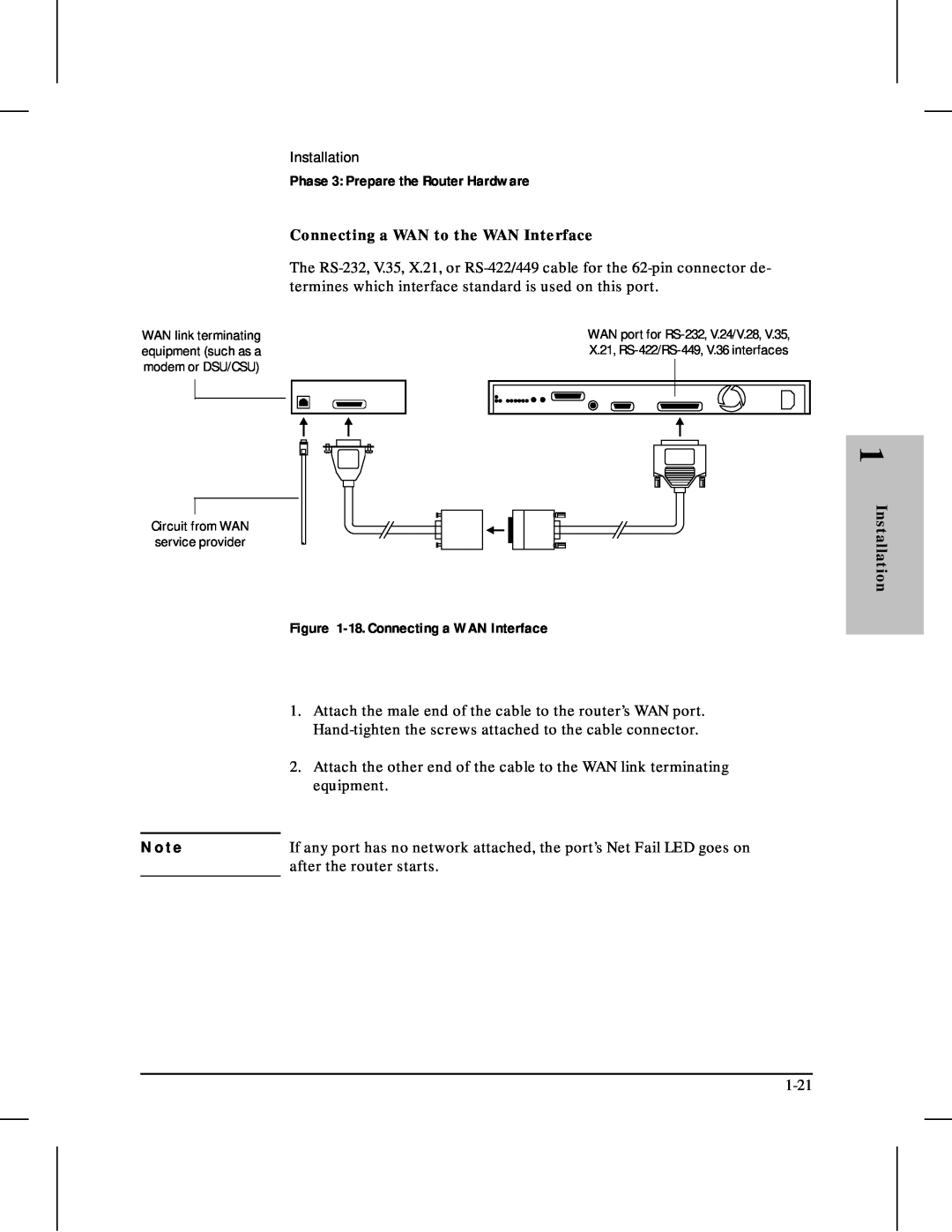 HP 480 N o t e, Phase 3 Prepare the Router Hardware, Connecting a WAN to the WAN Interface, 18. Connecting a WAN Interface 