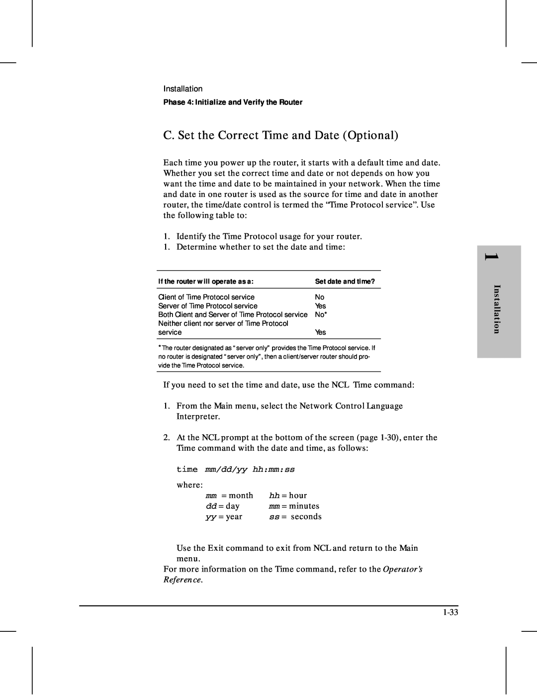 HP 480 manual C. Set the Correct Time and Date Optional, Phase 4 Initialize and Verify the Router, time mm/dd/yy hhmmss 