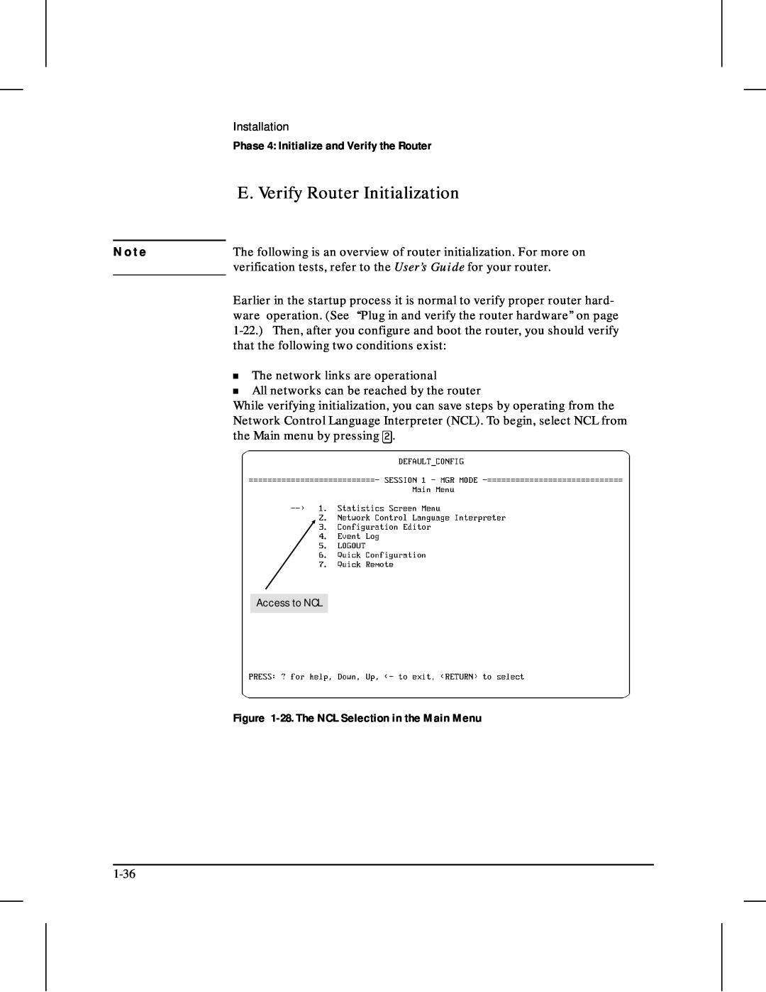 HP 480 manual E. Verify Router Initialization, N o t e, Phase 4 Initialize and Verify the Router 
