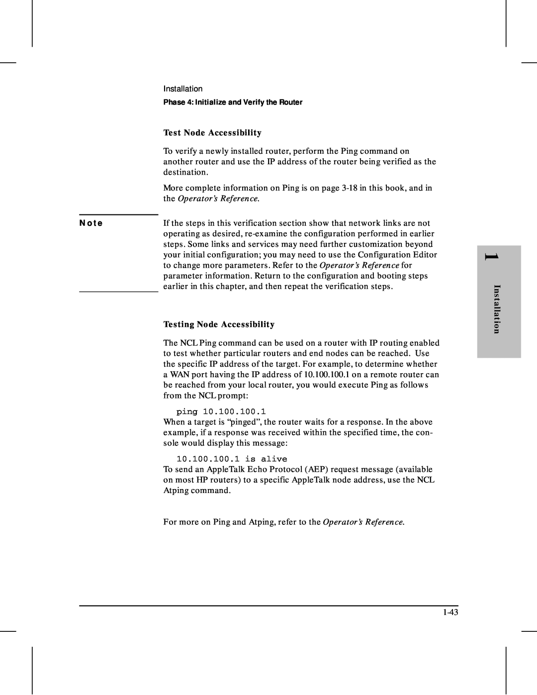 HP 480 manual N o t e, Phase 4 Initialize and Verify the Router, Test Node Accessibility, the Operator’s Reference 