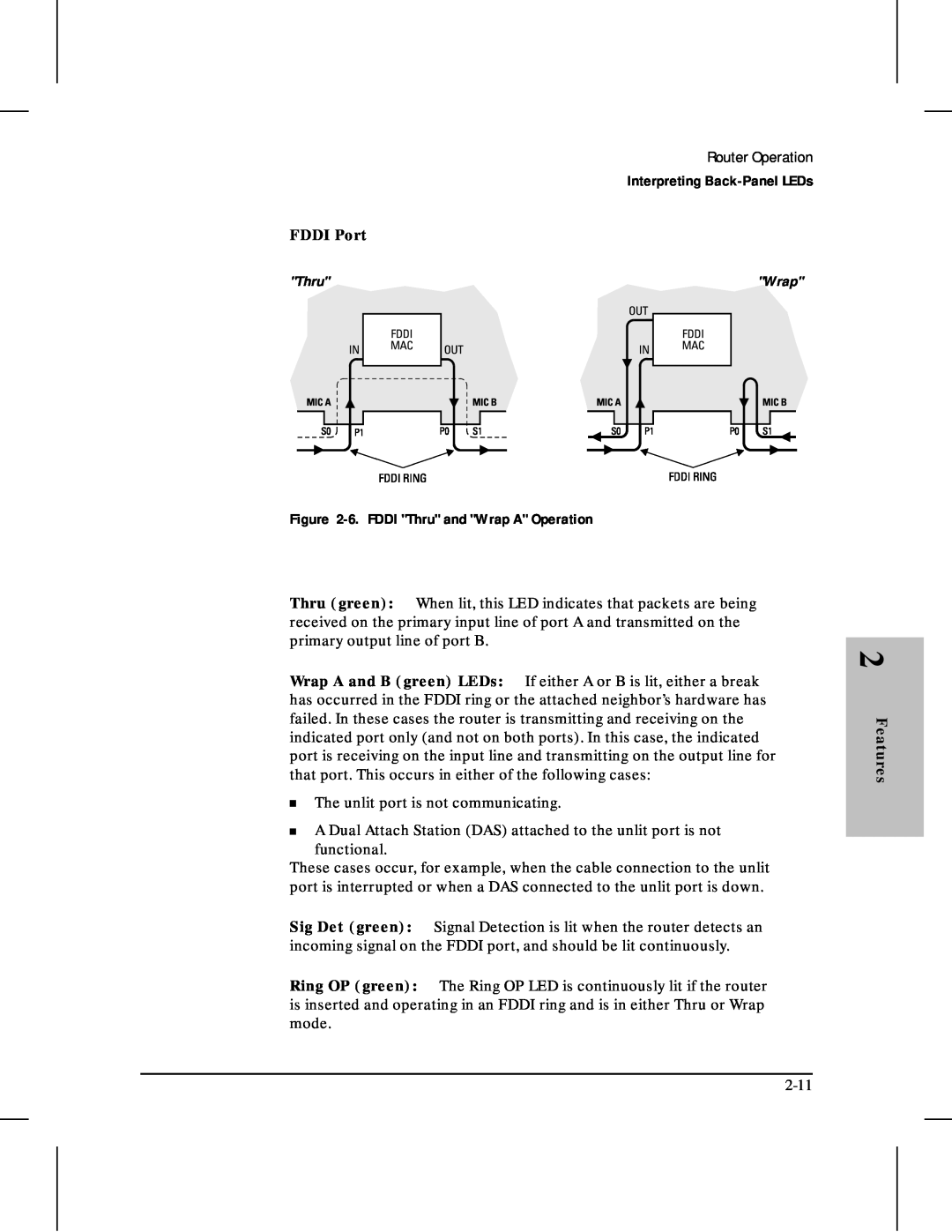 HP 480 manual Interpreting Back-Panel LEDs, FDDI Port, 6. FDDI Thru and Wrap A Operation, Features 