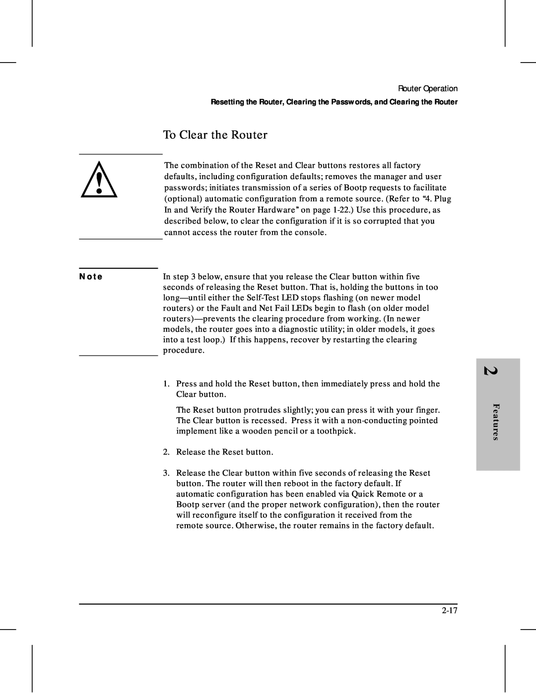 HP 480 manual To Clear the Router, N o t e, Features 