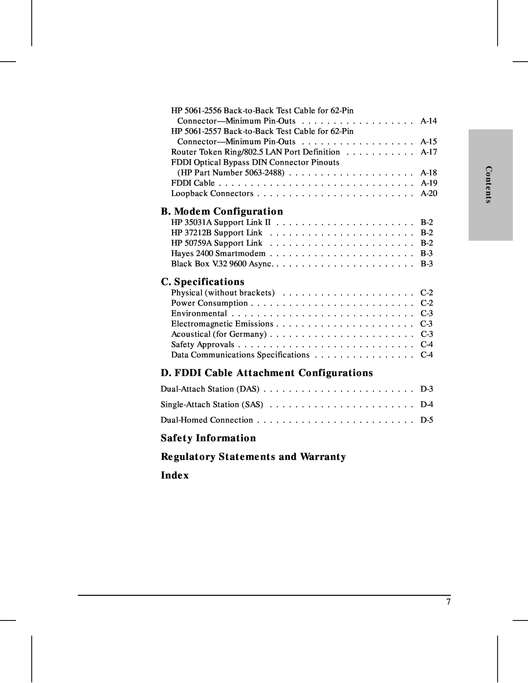 HP 480 manual B. Modem Configuration, C. Specifications, D. FDDI Cable Attachment Configurations, Contents 