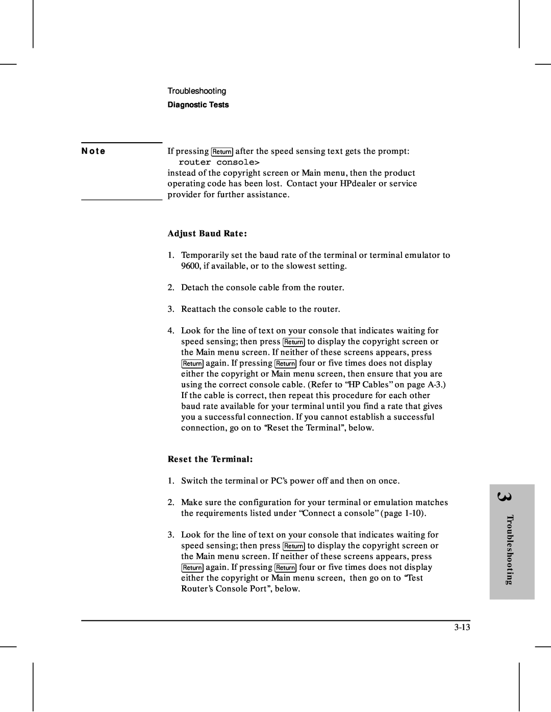 HP 480 manual N o t e, Diagnostic Tests, Adjust Baud Rate, Reset the Terminal 