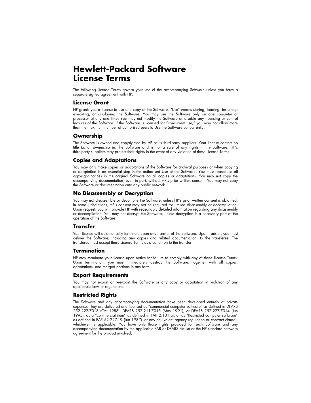 HP 483.uk manual Hewlett-Packard Software License Terms 