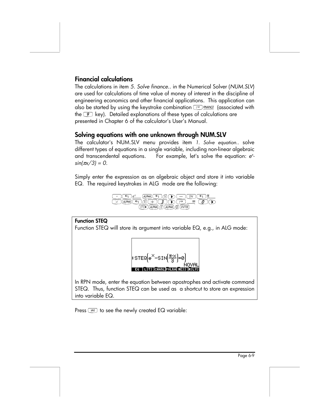 HP 49g manual Financial calculations, Solving equations with one unknown through NUM.SLV 