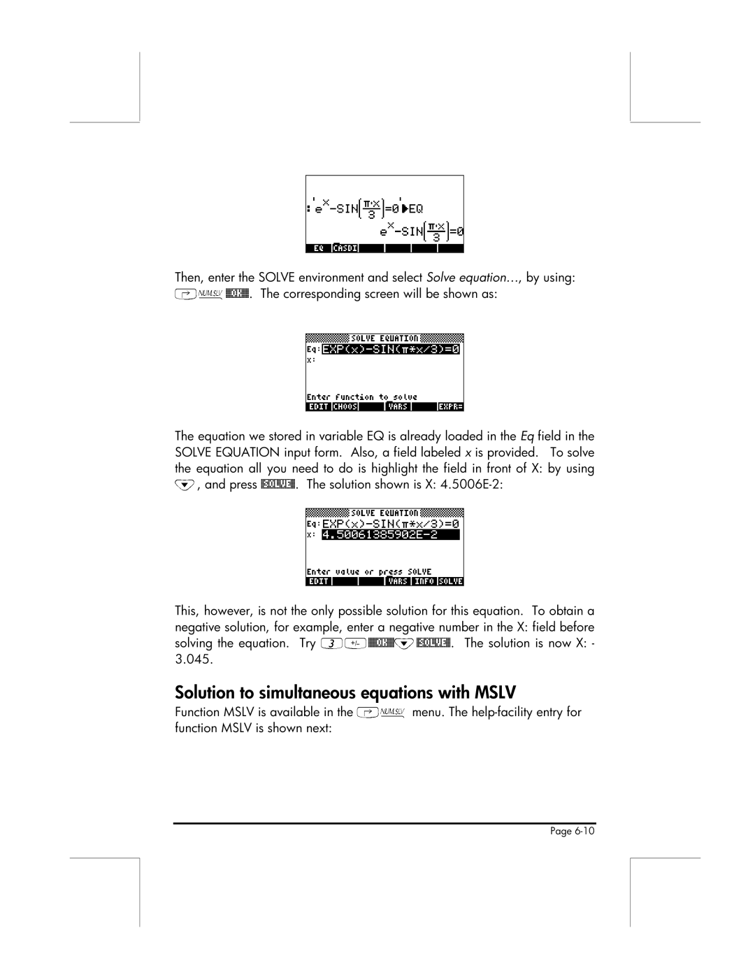 HP 49g manual Solution to simultaneous equations with Mslv, Solution shown is X 4.5006E-2 