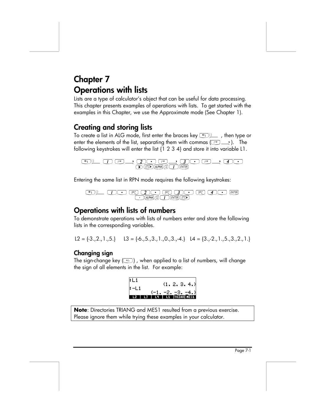 HP 49g manual Chapter Operations with lists, Creating and storing lists, Changing sign 